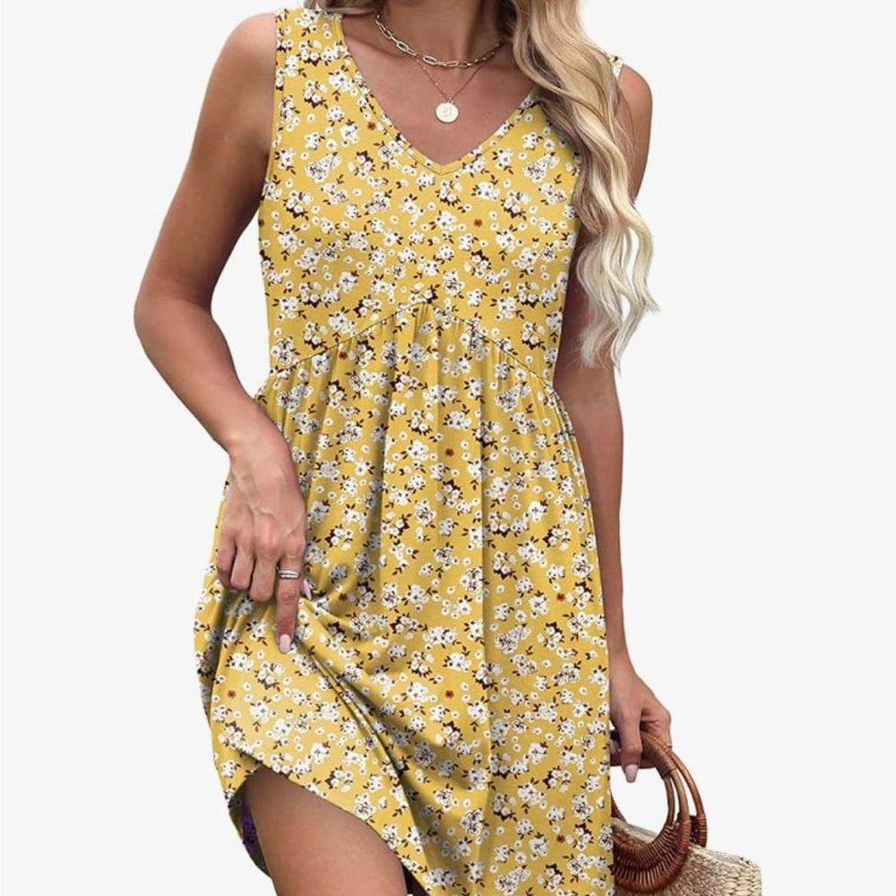 Floral Yellow Midi Dress with Pockets